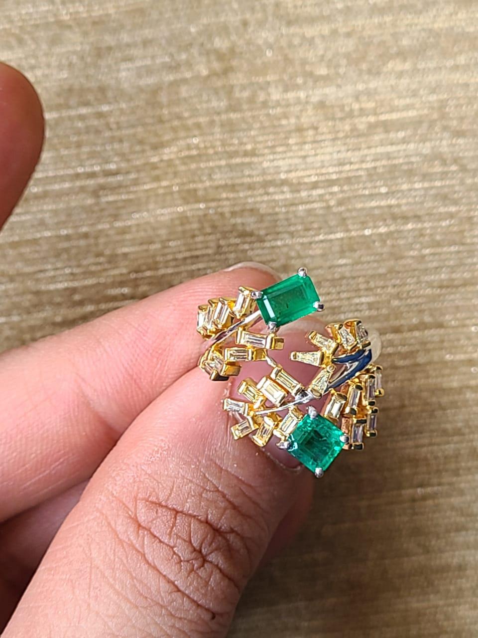 Art Deco Set in 18K Gold, Natural Zambian Emerald & Yellow Diamonds Cocktail Ring For Sale