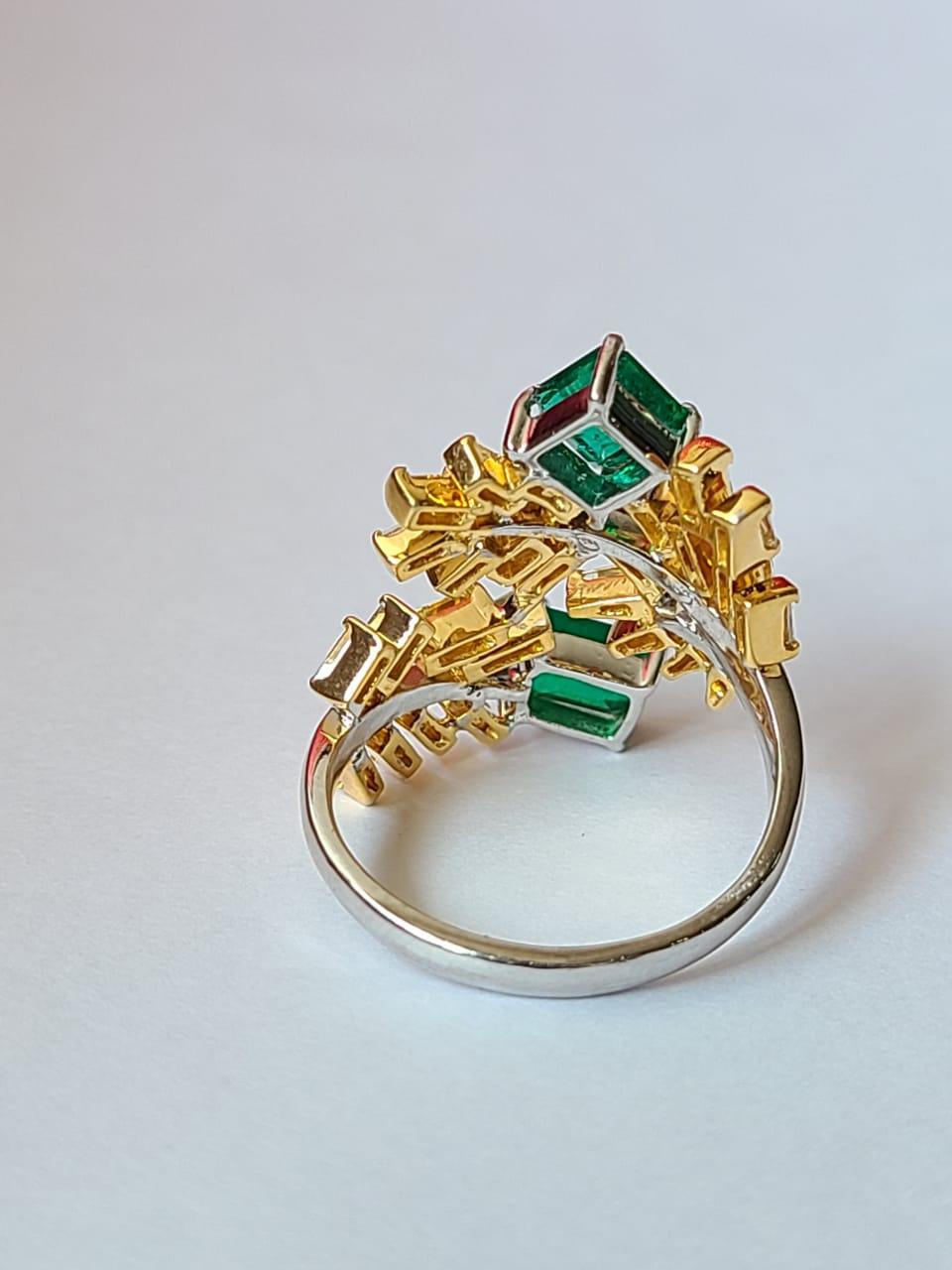 Emerald Cut Set in 18K Gold, Natural Zambian Emerald & Yellow Diamonds Cocktail Ring For Sale