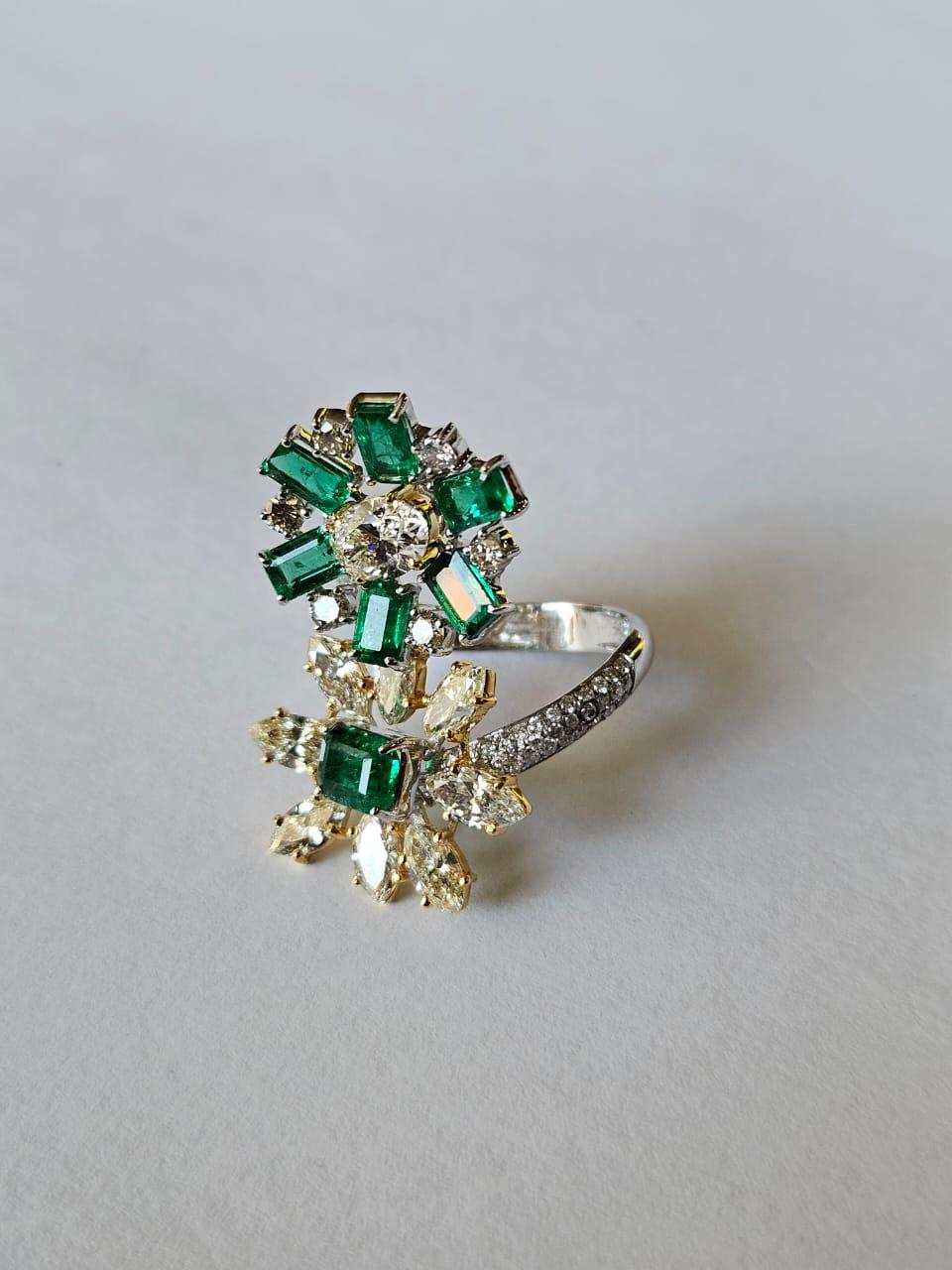 Oval Cut Set in 18K Gold, natural Zambian Emerald & Yellow Diamonds Cocktail Ring For Sale