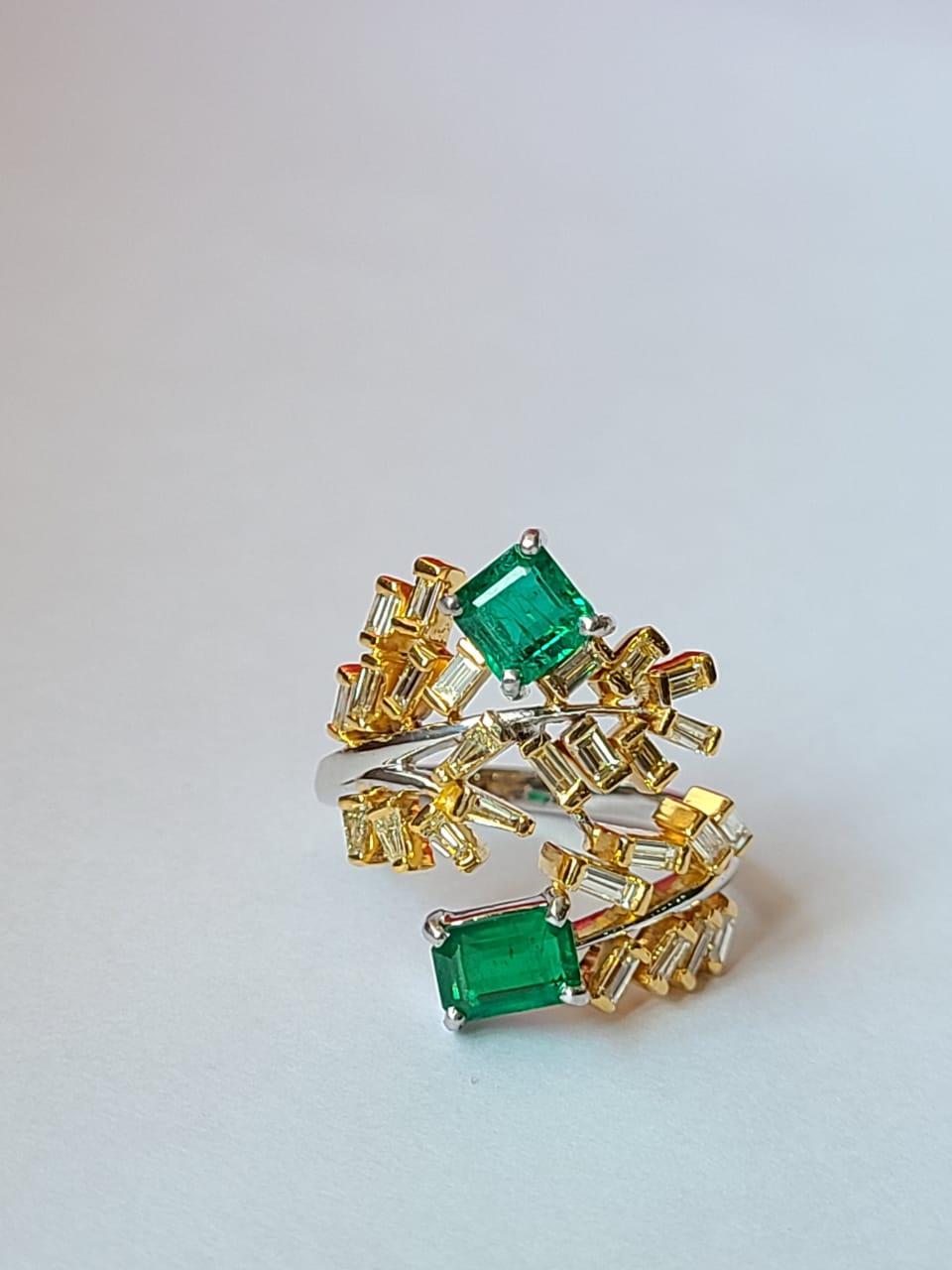 Women's or Men's Set in 18K Gold, Natural Zambian Emerald & Yellow Diamonds Cocktail Ring For Sale