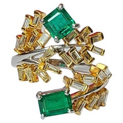 Set in 18K Gold, Natural Zambian Emerald & Yellow Diamonds Cocktail Ring