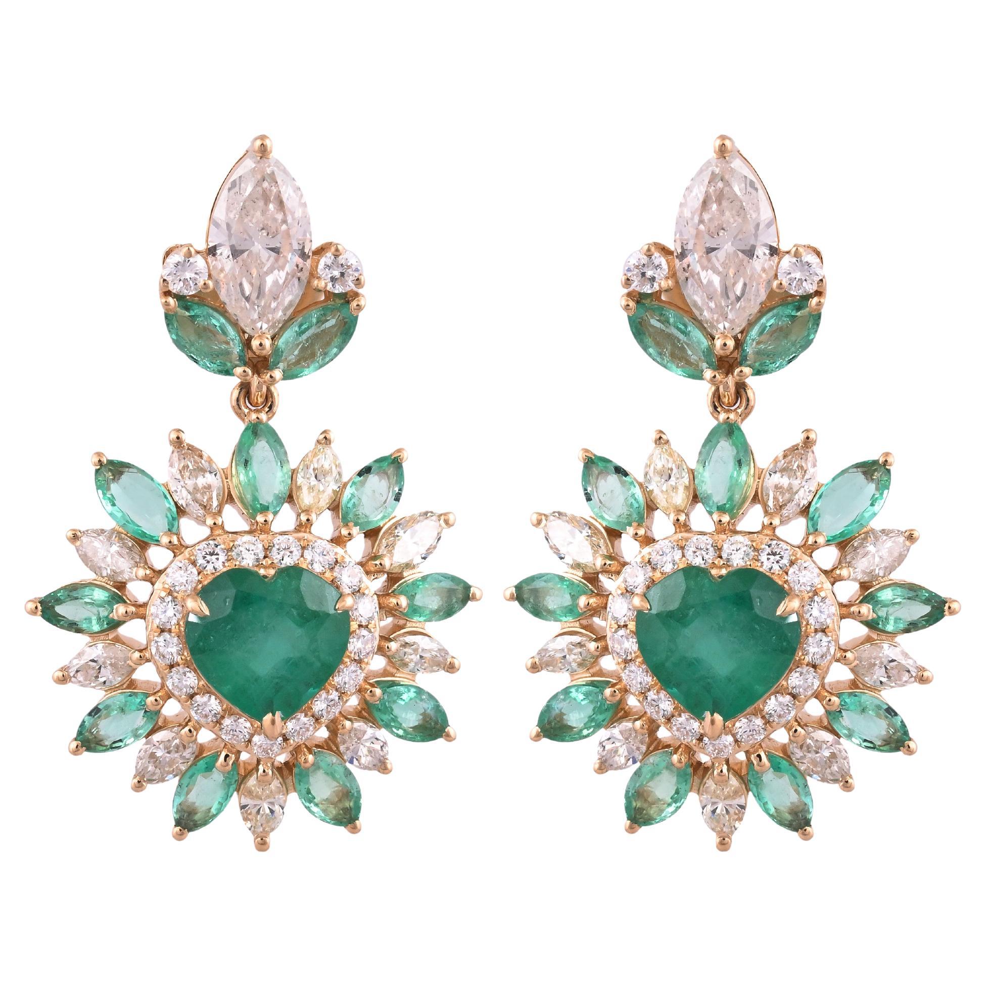 Set in 18K Gold, natural Zambian Emerald & Yellow  Diamonds Dangle Earrings