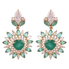 Set in 18K Gold, natural Zambian Emerald & Yellow  Diamonds Dangle Earrings