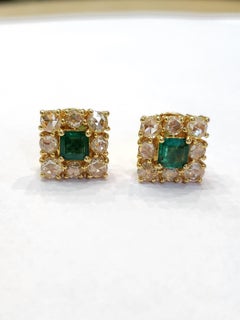Set in 18k Gold, Natural Zambian Emerald & Yellow Rose Cut Diamonds Stud Earring