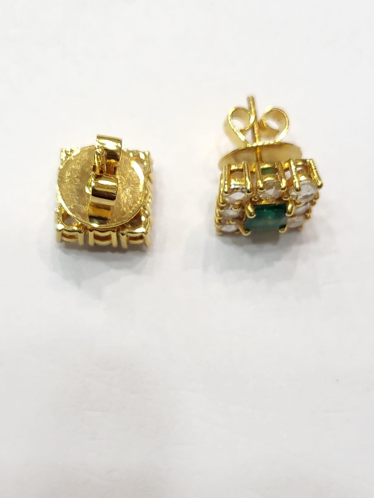 Art Deco Set in 18k Gold, Natural Zambian Emerald & Yellow Rose Cut Diamonds Stud Earring For Sale