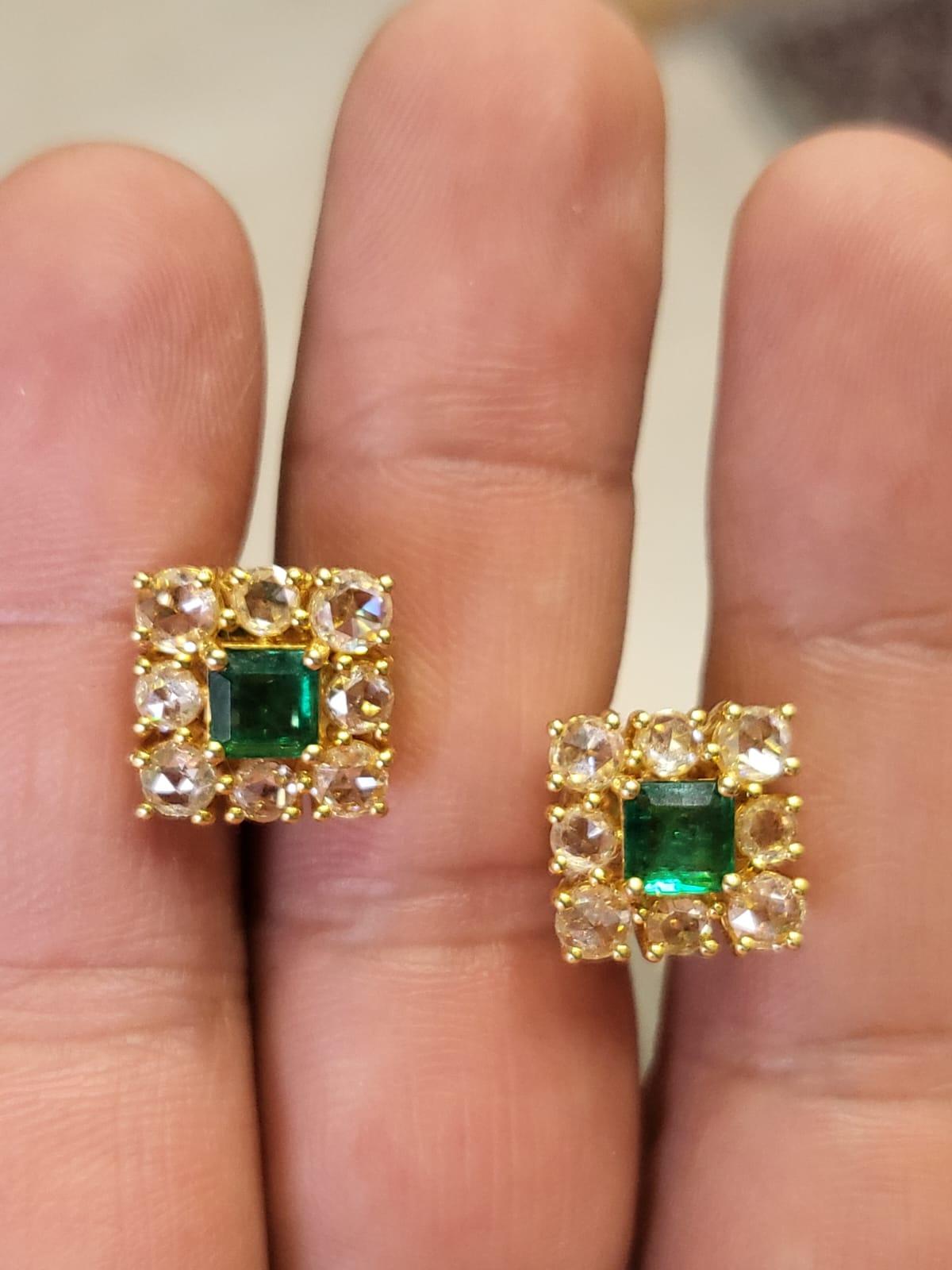 Women's or Men's Set in 18k Gold, Natural Zambian Emerald & Yellow Rose Cut Diamonds Stud Earring For Sale