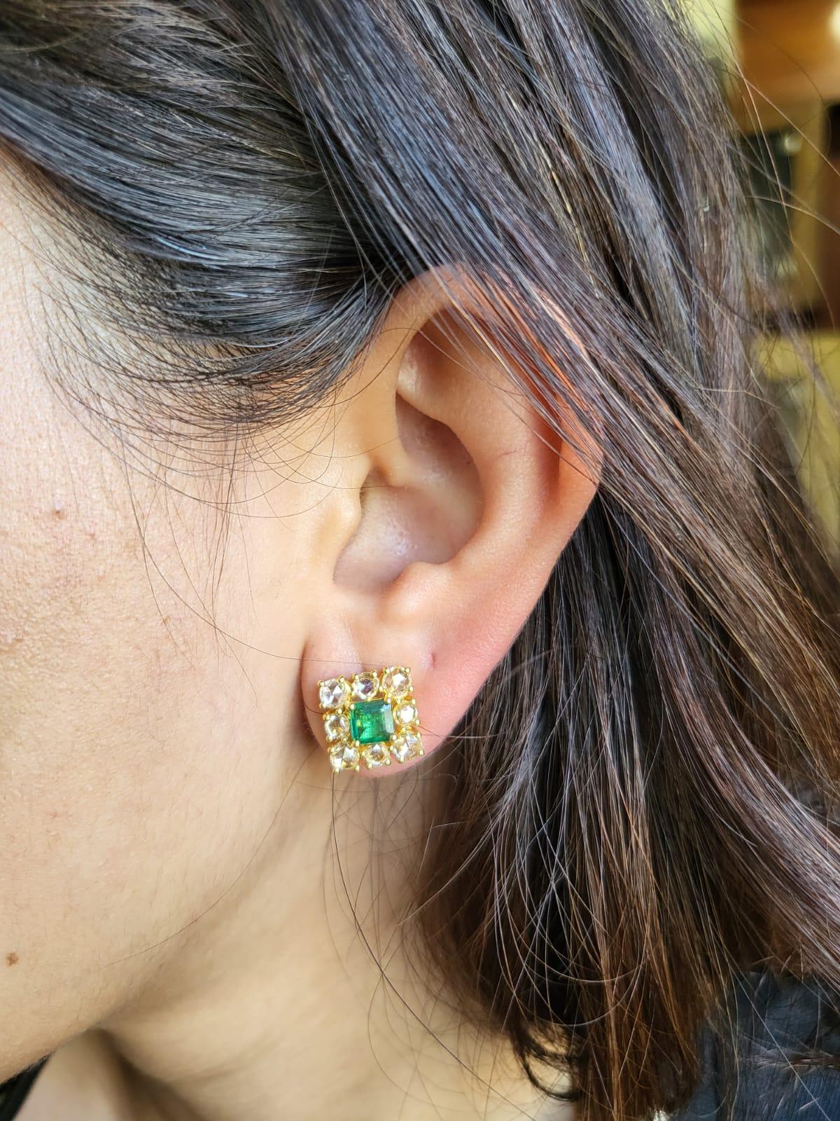 Set in 18k Gold, Natural Zambian Emerald & Yellow Rose Cut Diamonds Stud Earring For Sale 1