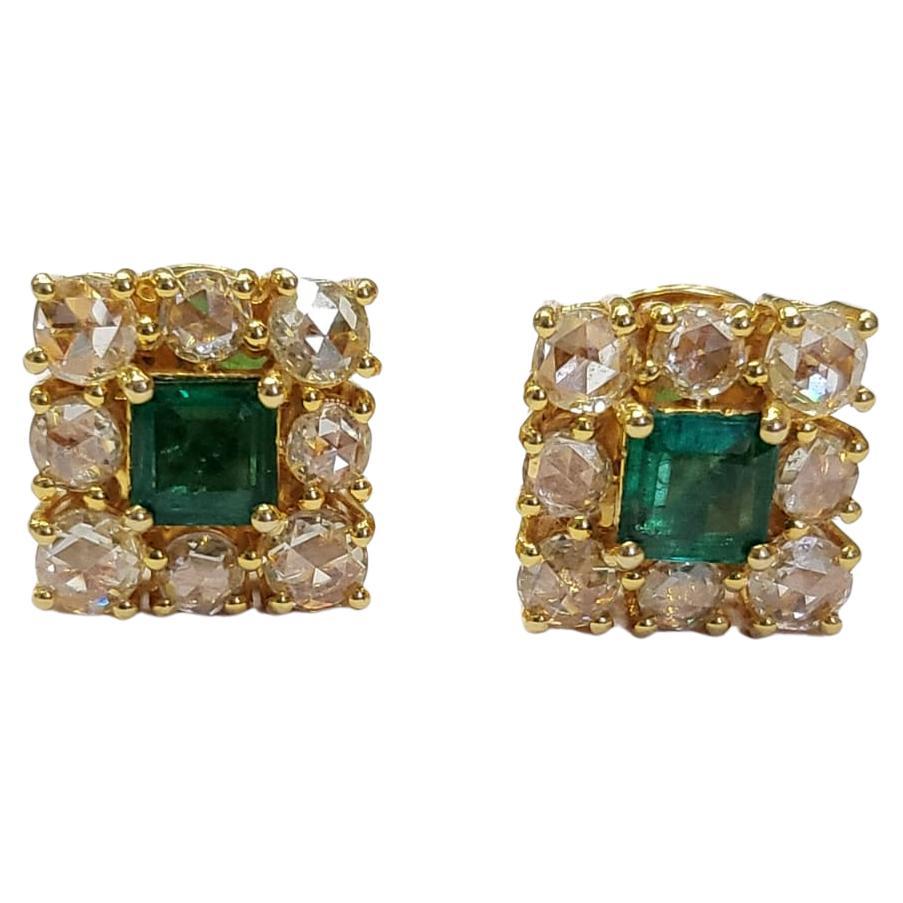 Set in 18k Gold, Natural Zambian Emerald & Yellow Rose Cut Diamonds Stud Earring For Sale