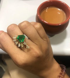 Set in 18K Gold, Natural Zambian Emerald & Yellow & White Diamonds Cocktail Ring