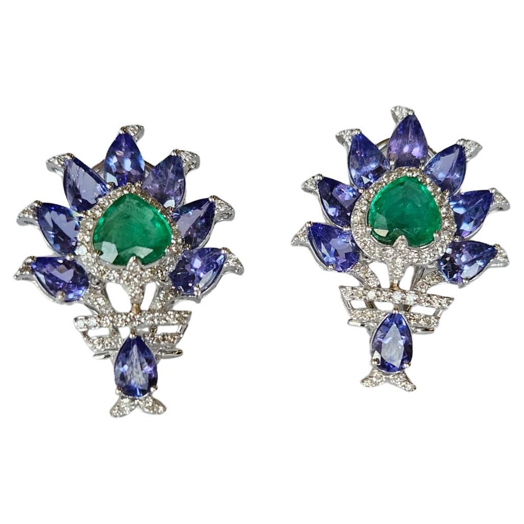 Set in 18K Gold, natural Zambian Emeralds, Tanzanites & Diamonds Stud Earrings For Sale
