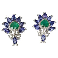 Set in 18K Gold, natural Zambian Emeralds, Tanzanites & Diamonds Stud Earrings