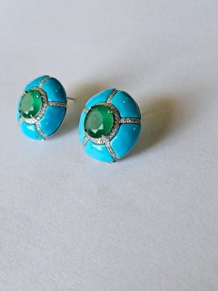 Set in 18K Gold, natural Zambian Emeralds, Turquoise & Diamonds Stud Earrings
