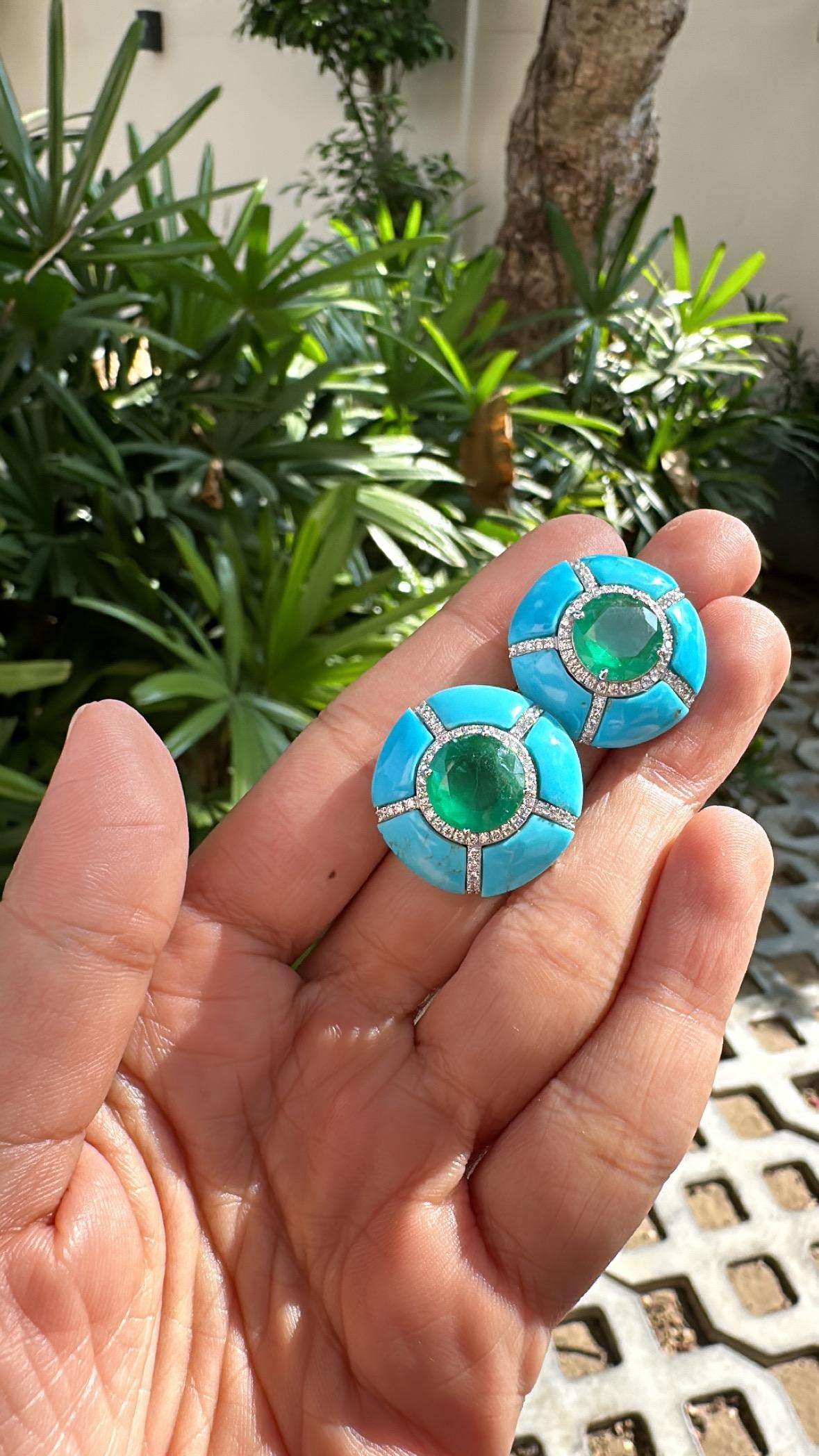 da uomo o donna Orecchini con smeraldi naturali dello Zambia, turchese e diamanti, incastonati in oro 18 carati in vendita
