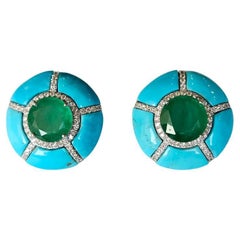Set in 18K Gold, natural Zambian Emeralds, Turquoise & Diamonds Stud Earrings