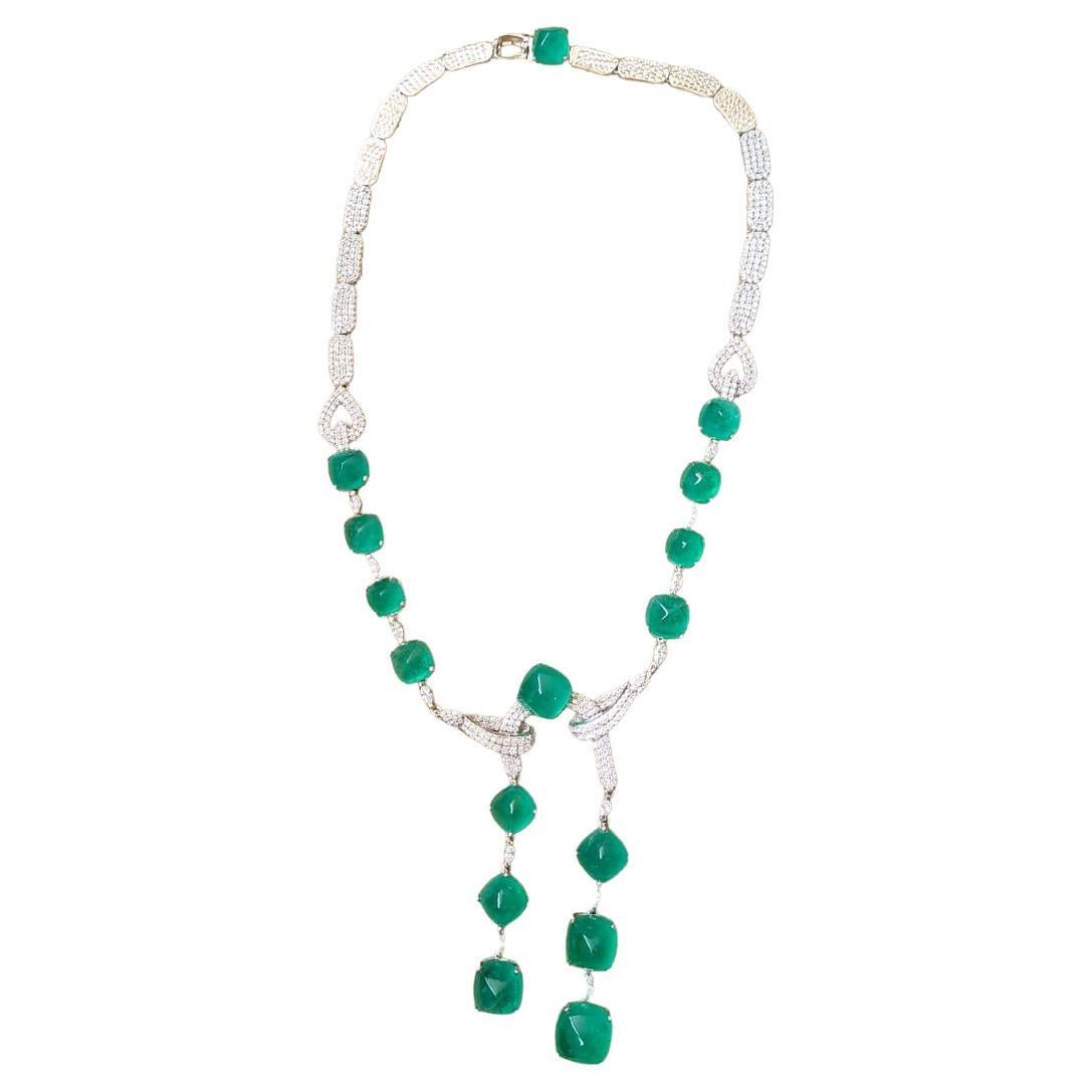 Set in 18K Gold, Natural Zambian Sugarloaf Emerald & Diamonds Drop Necklace