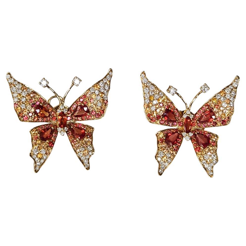 Set in 18K Gold, Orange & Yellow Sapphires & Diamonds "Butterfly" Stud Earrings For Sale