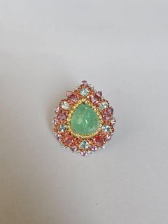 Set in 18K Gold, Paraiba Cabochon, Multi Sapphires & Diamonds Cocktail Dome Ring