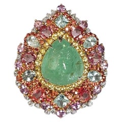 Set in 18K Gold, Paraiba Cabochon, Multi Sapphires & Diamonds Cocktail Dome Ring