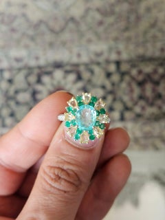 Set in 18K Gold, Paraiba Tourmaline, Emerald & Rose Cut Diamonds Cocktail Ring