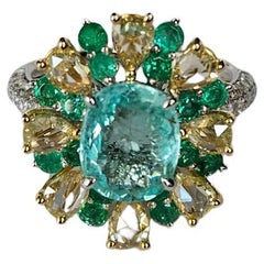 Set in 18K Gold, Paraiba Tourmaline, Emerald 
Rose Cut Diamonds Cocktail Ring