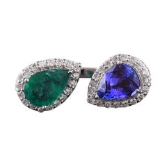 Set in 18k Gold, Pear Shaped Emerald, Tanzanite & Diamond Two-Stone Cocktail Ring