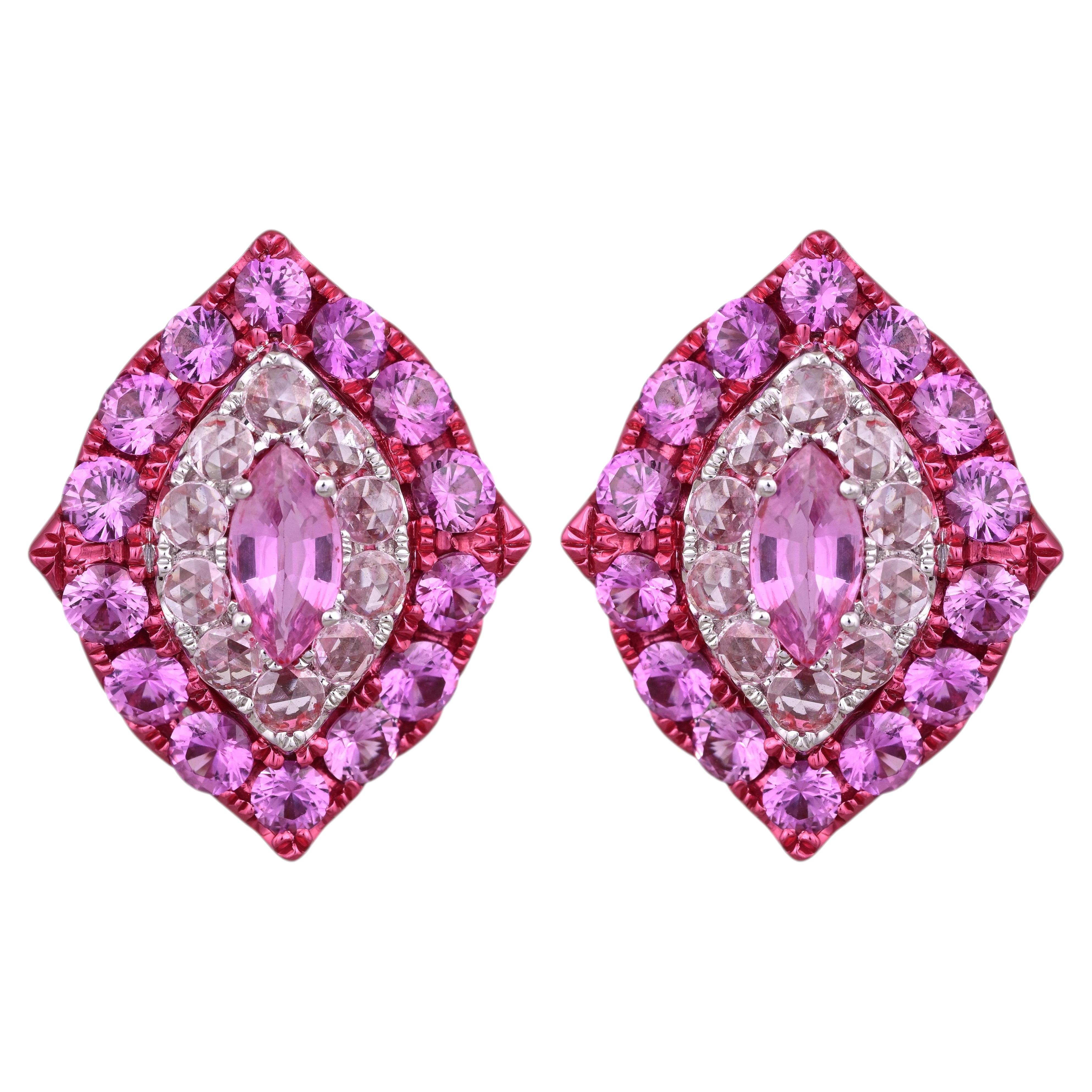 Set in 18K Gold & Pink Rhodium, Pink Sapphires & Rose Cut Diamonds Stud Earrings