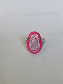 Set in 18K Gold, Pink Sapphire Rose Cut, Pink Enamel & Diamonds Cocktail Ring
