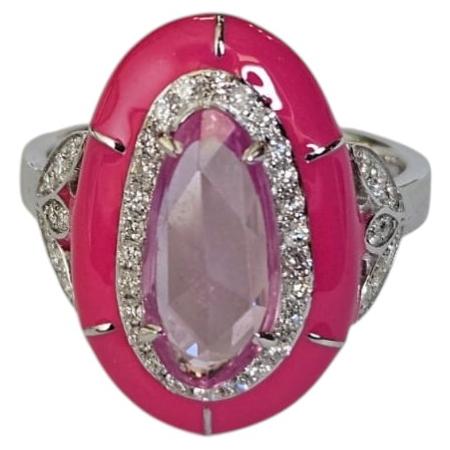 Set in 18K Gold, Pink Sapphire Rose Cut, Pink Enamel & Diamonds Cocktail Ring