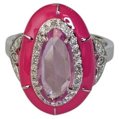 Set in 18K Gold, Pink Sapphire Rose Cut, Pink Enamel & Diamonds Cocktail Ring