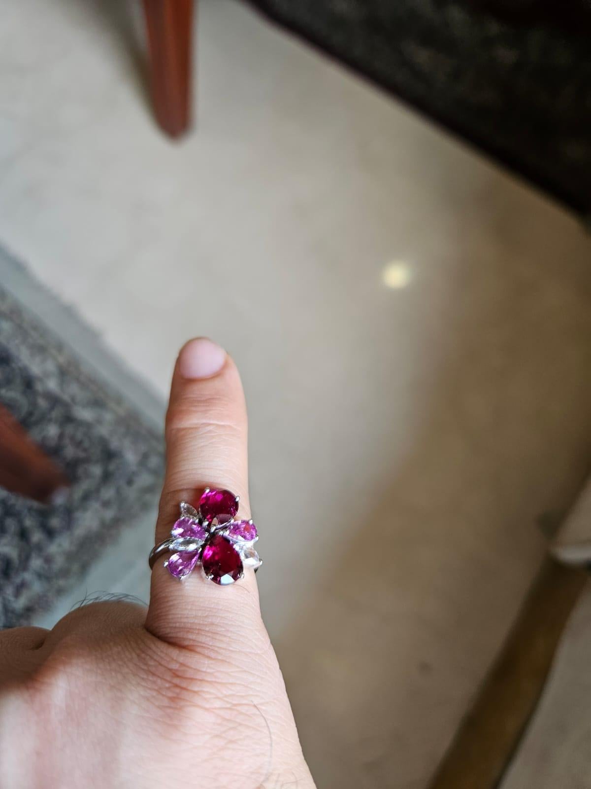 Modern Set in 18K Gold, Pink Sapphire, Tourmaline & Rose Cut Diamonds Cluster Ring For Sale