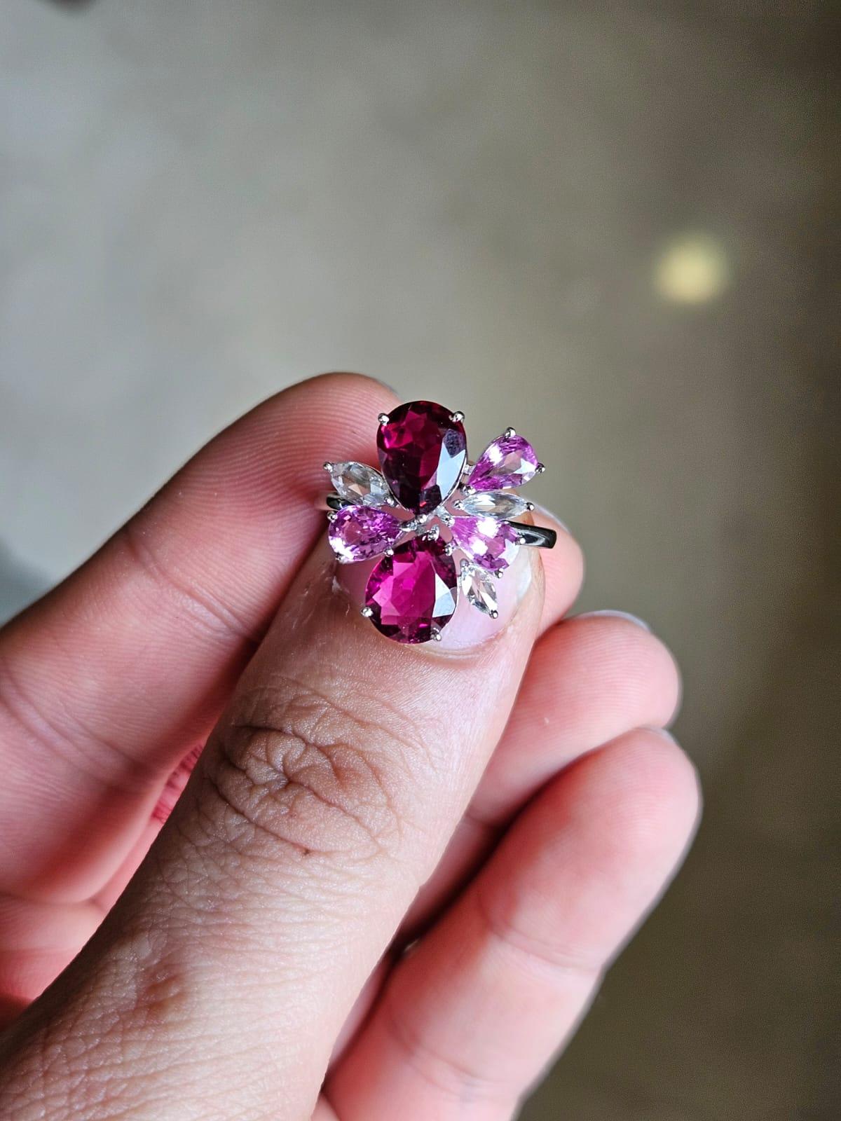 Women's or Men's Set in 18K Gold, Pink Sapphire, Tourmaline & Rose Cut Diamonds Cluster Ring For Sale