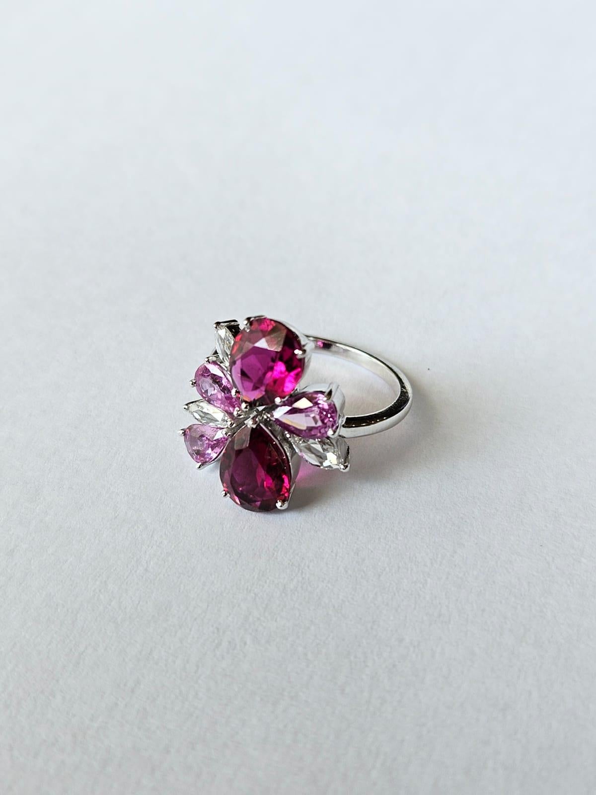 Set in 18K Gold, Pink Sapphire, Tourmaline & Rose Cut Diamonds Cluster Ring For Sale 2