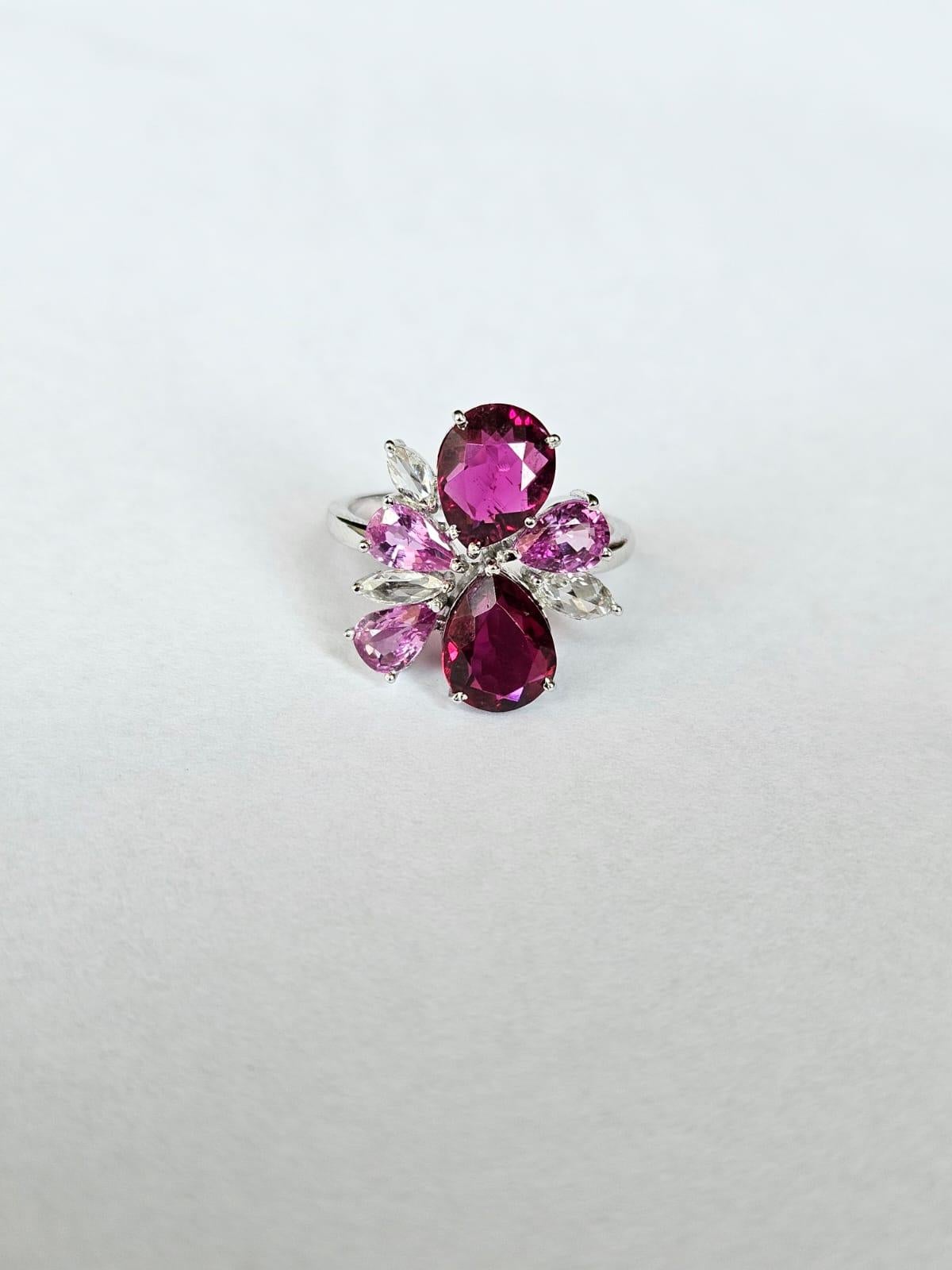Set in 18K Gold, Pink Sapphire, Tourmaline & Rose Cut Diamonds Cluster Ring For Sale 3