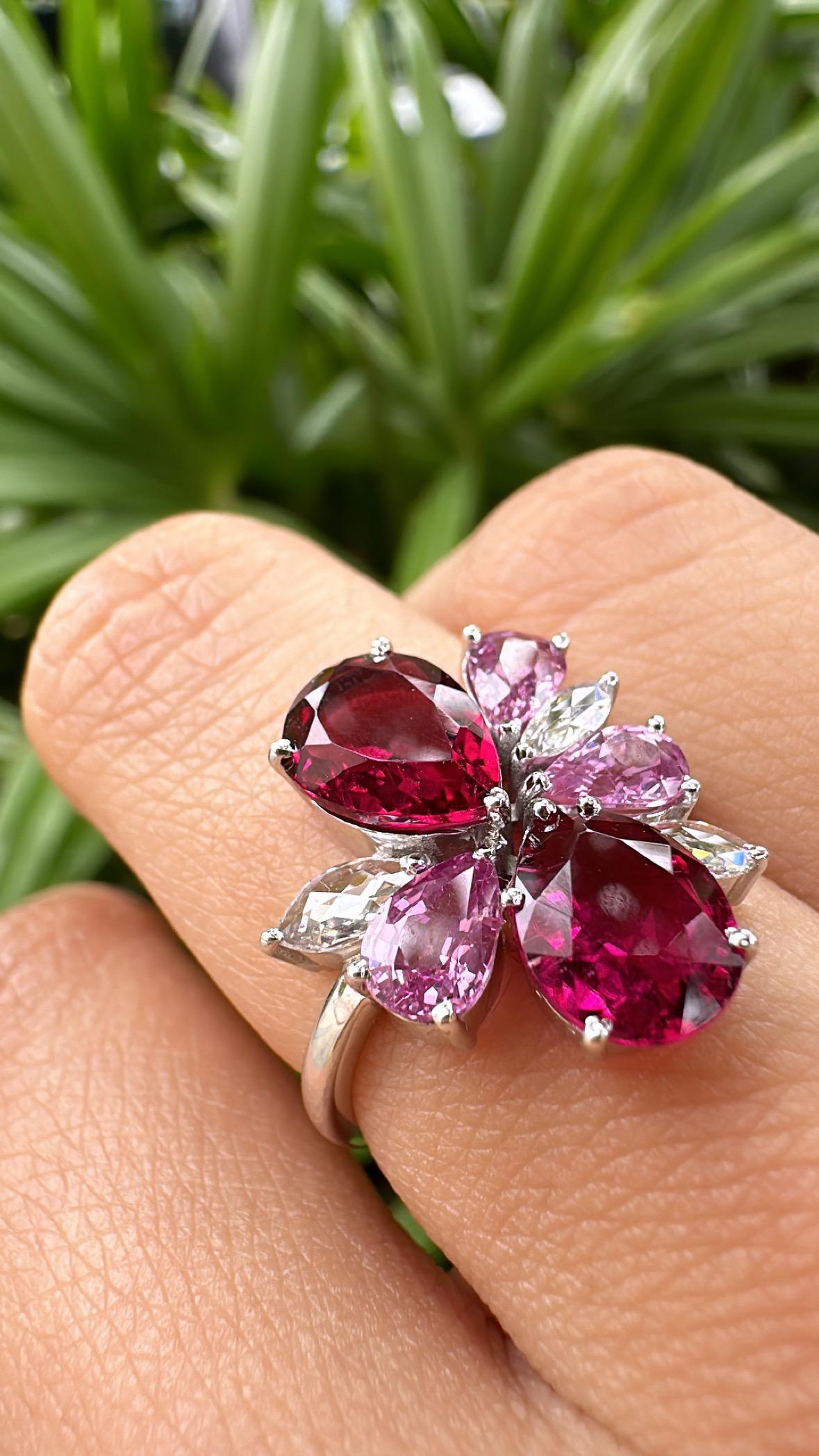 Set in 18K Gold, Pink Sapphire, Tourmaline & Rose Cut Diamonds Cluster Ring For Sale 4