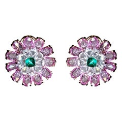 Set in 18K Gold, Pink Sapphires, Colombian Emerald 
Diamonds Stud Earrings