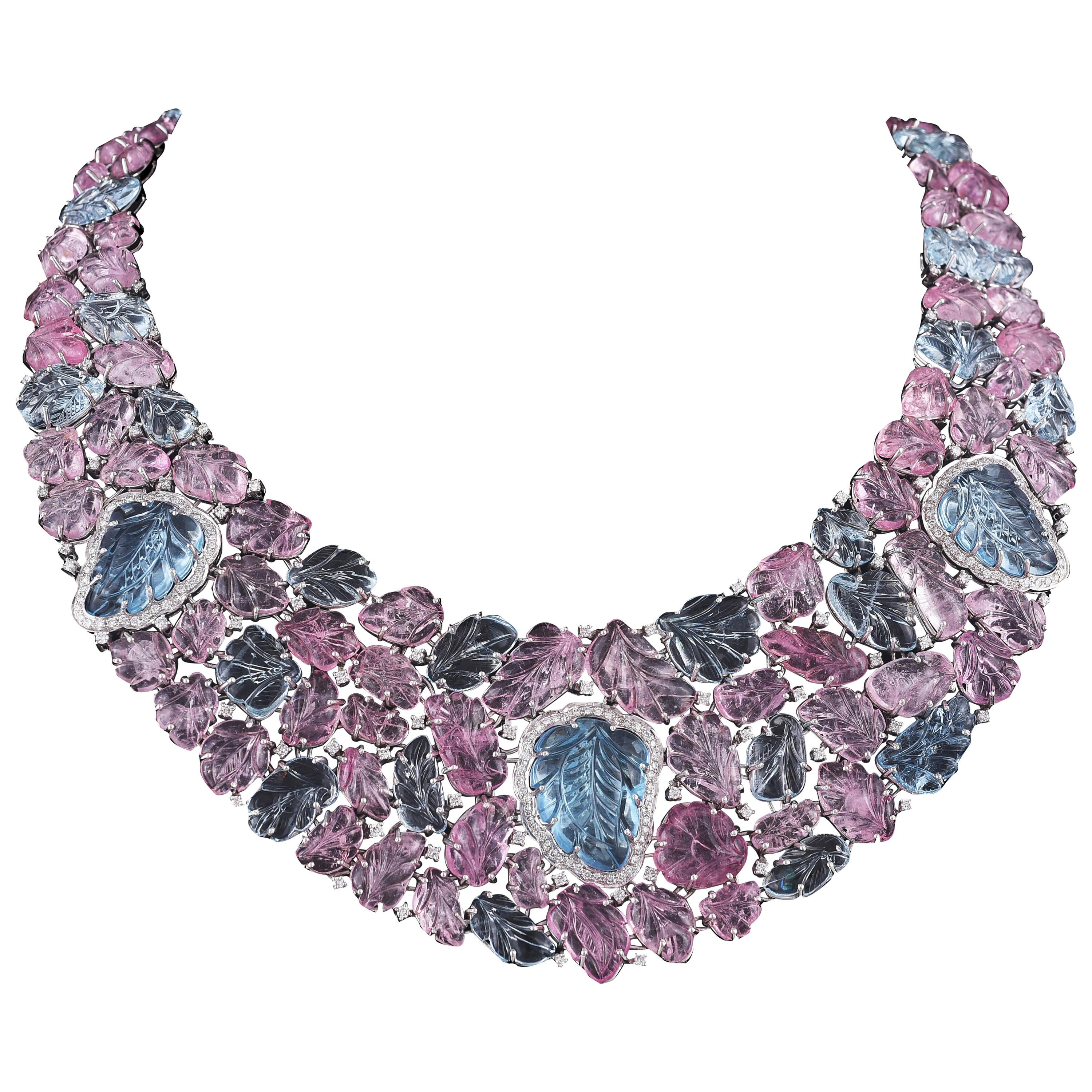 Pink Tourmaline  Aquamarine  Diamond Gold Necklace Earrings Set 