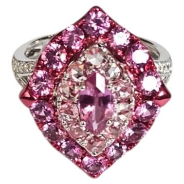 Bague de fiançailles en or 18 carats et rhodium, sertie de saphirs roses et de diamants taille rose