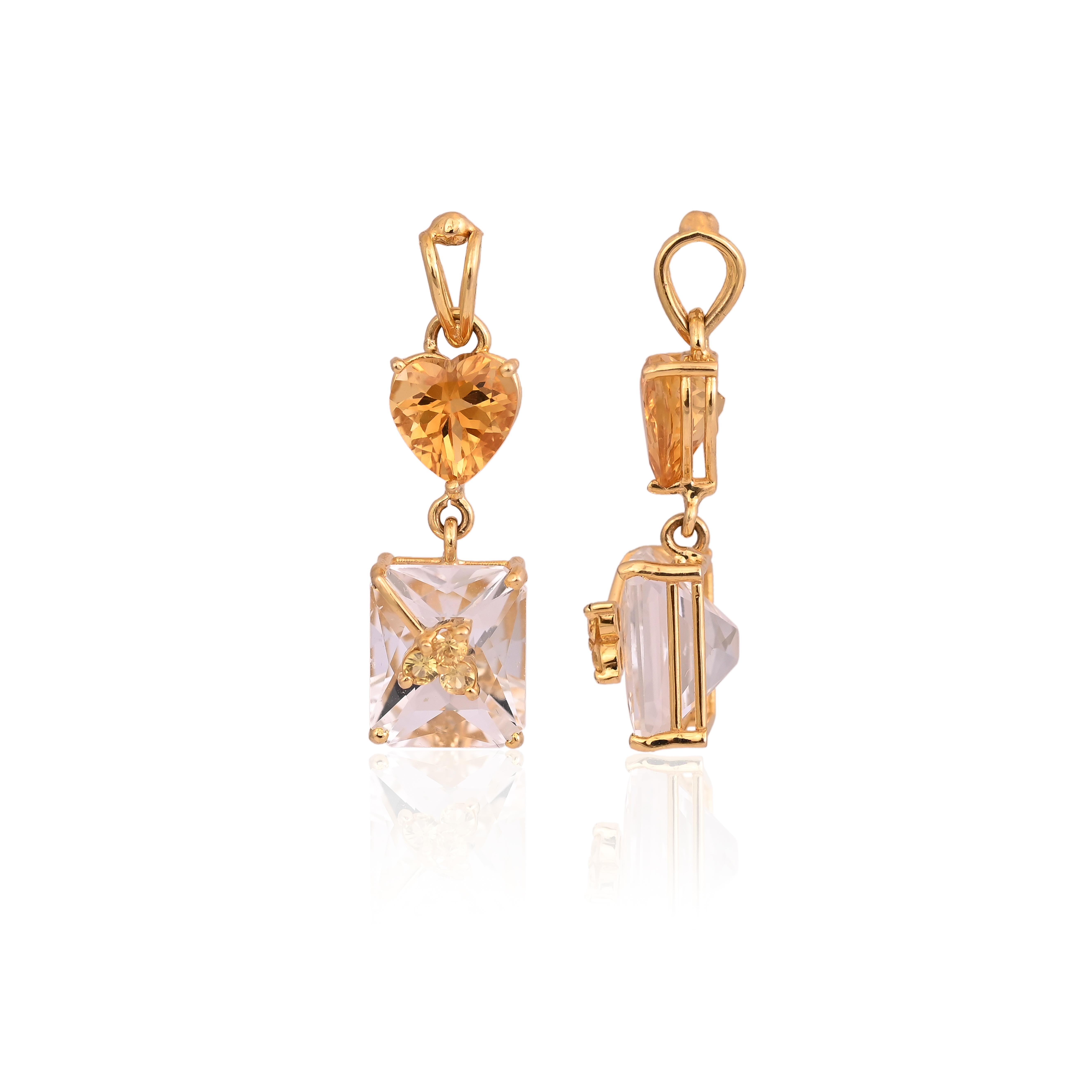 Heart Cut Set in 18K Gold, Rock Crystal, Yellow Sapphire & Citrine Pendant & Earrings Set  For Sale