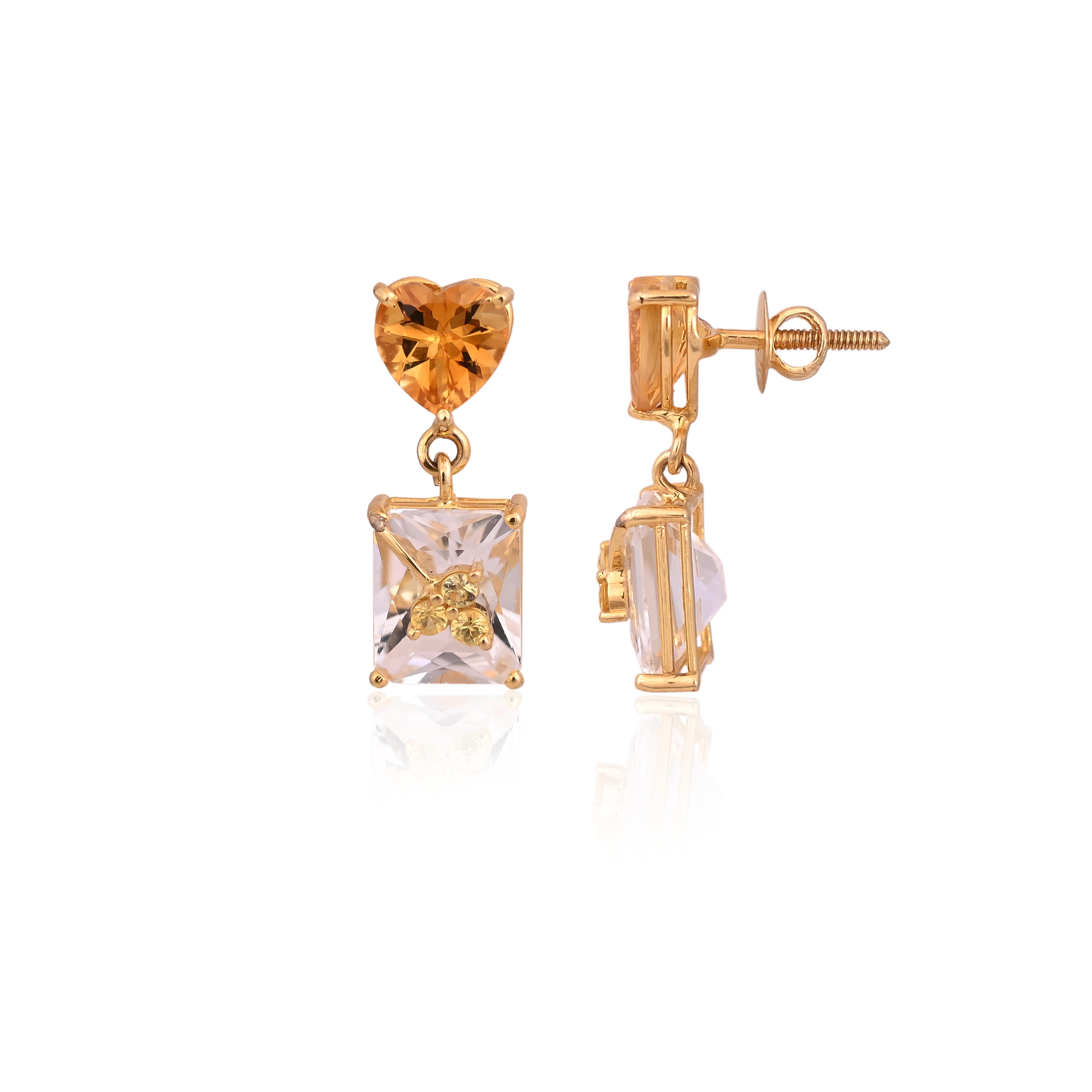 Women's or Men's Set in 18K Gold, Rock Crystal, Yellow Sapphire & Citrine Pendant & Earrings Set  For Sale