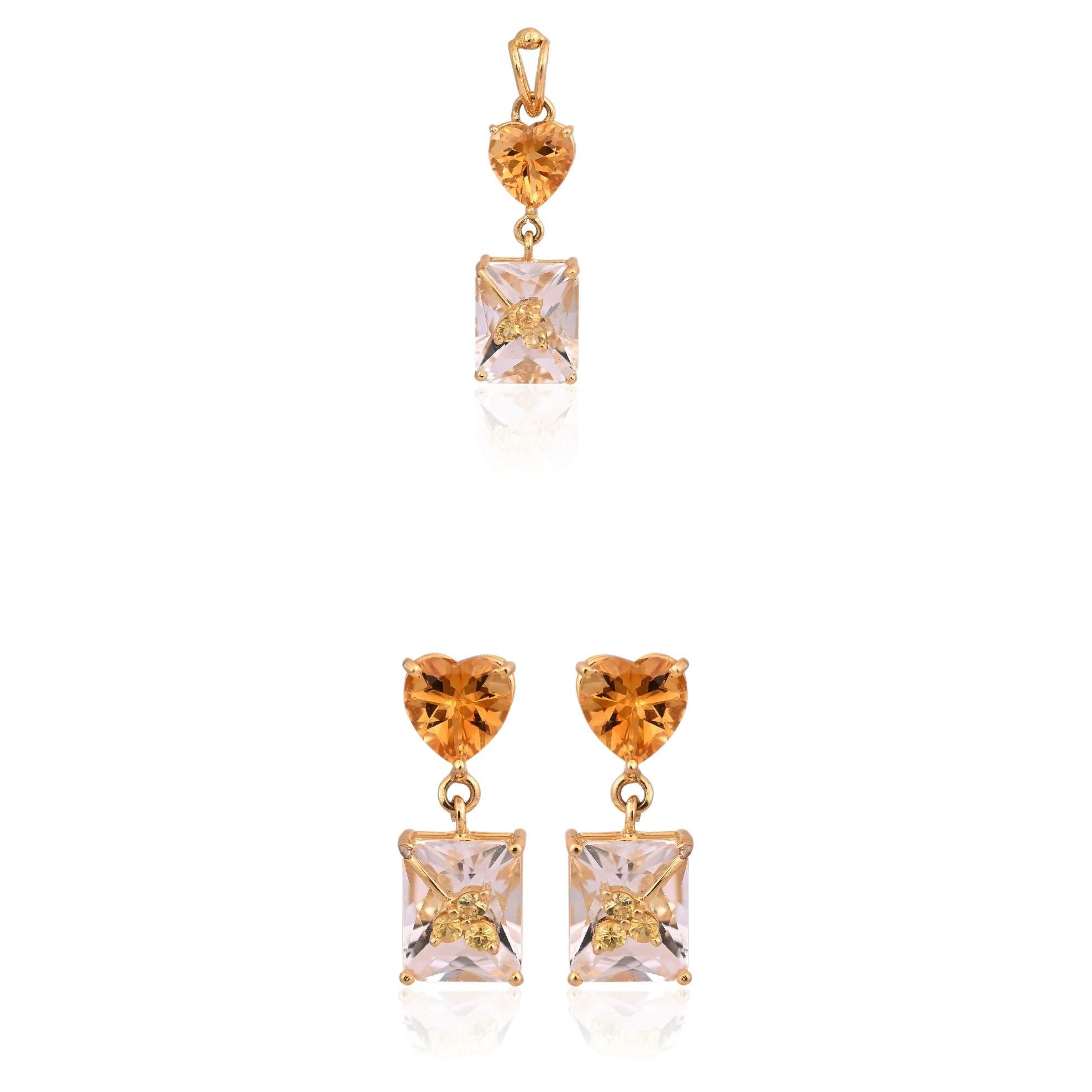 Set in 18K Gold, Rock Crystal, Yellow Sapphire & Citrine Pendant & Earrings Set  For Sale