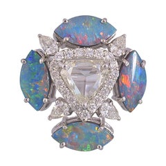 Set in 18K Gold, Rose Cut Diamond, Doublet Opal and Pear Diamonds Cocktail Ring
