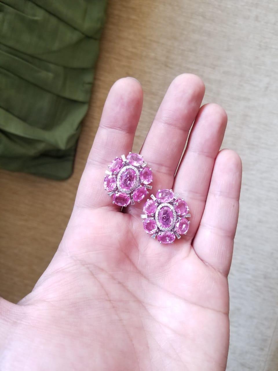 Set in 18K Gold, Rose Cut Pink Sapphire from Madagascar & Diamonds Stud Earrings In New Condition In Hong Kong, HK