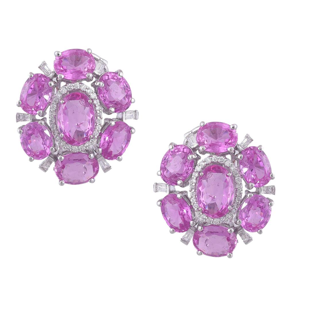 Set in 18K Gold, Rose Cut Pink Sapphire from Madagascar & Diamonds Stud Earrings