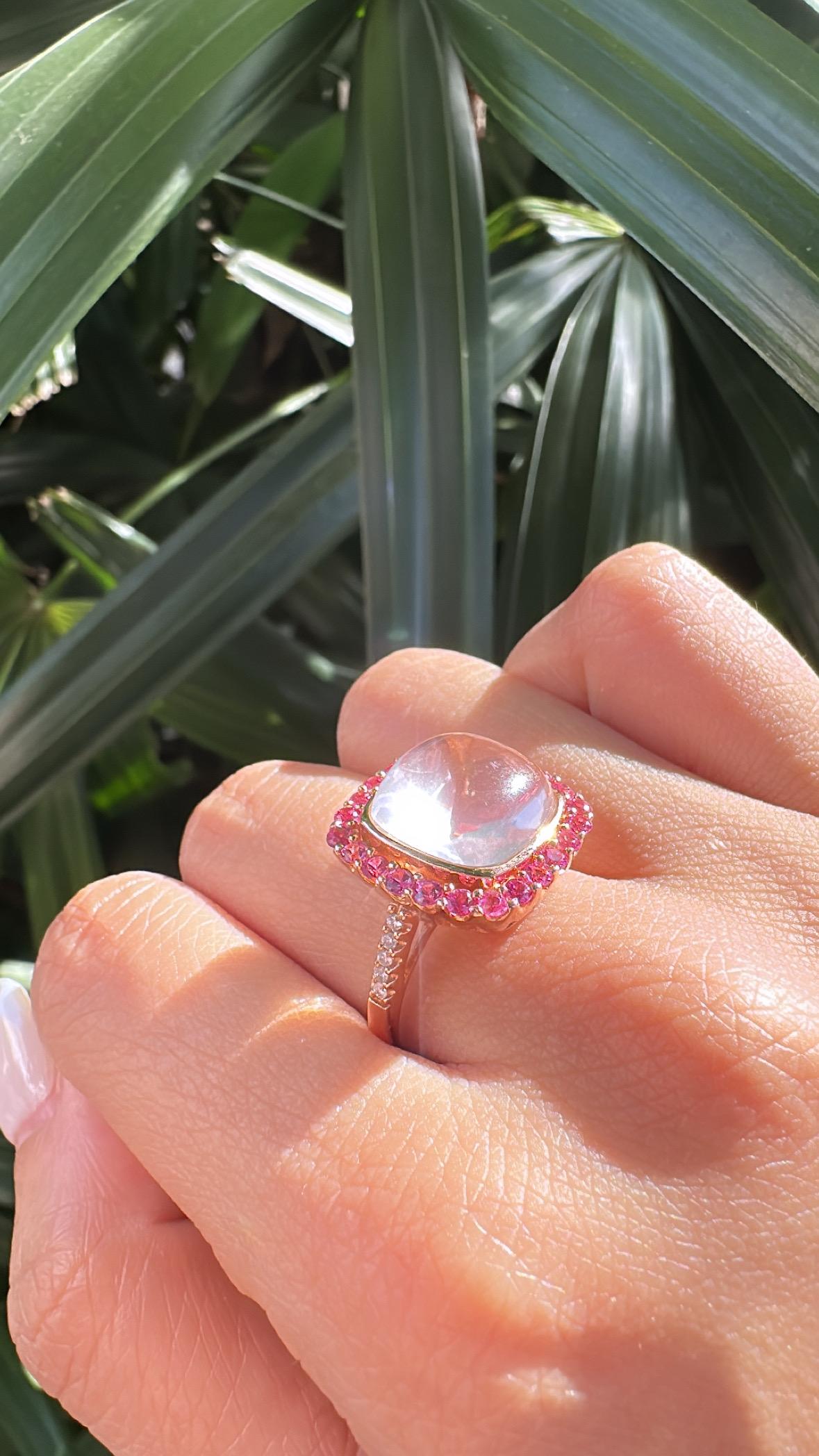 Anello di fidanzamento in oro 18 carati, quarzo rosa, zaffiri rosa e diamanti in vendita 4