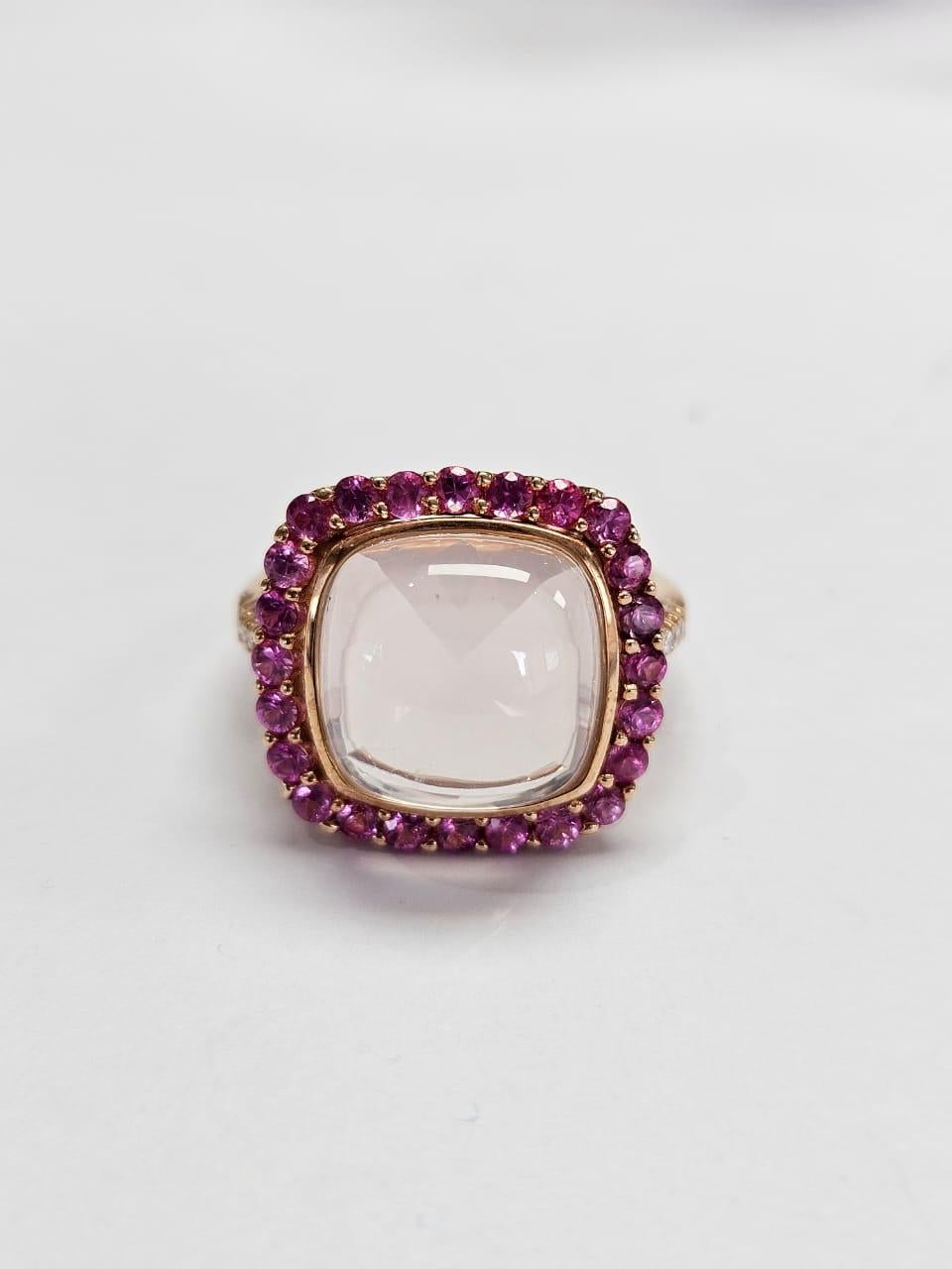 Anello di fidanzamento in oro 18 carati, quarzo rosa, zaffiri rosa e diamanti In condizioni Nuovo in vendita a Hong Kong, HK