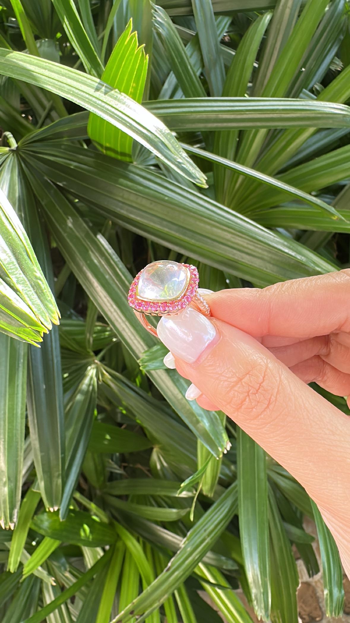 da uomo o donna Anello di fidanzamento in oro 18 carati, quarzo rosa, zaffiri rosa e diamanti in vendita