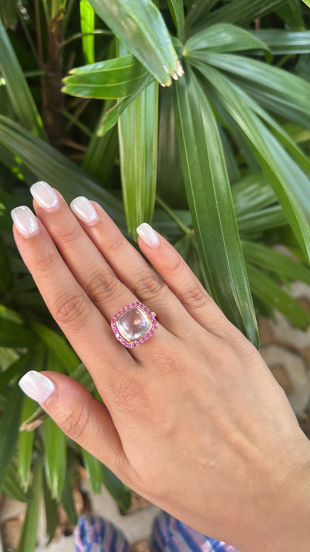 Anello di fidanzamento in oro 18 carati, quarzo rosa, zaffiri rosa e diamanti in vendita 2