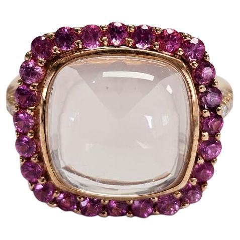 Anello di fidanzamento in oro 18 carati, quarzo rosa, zaffiri rosa e diamanti in vendita