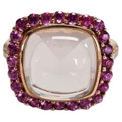 Anello di fidanzamento in oro 18 carati, quarzo rosa, zaffiri rosa e diamanti