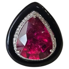 Set in 18K Gold, Rubellite, Black Onyx & Diamonds Art Deco Engagement Ring